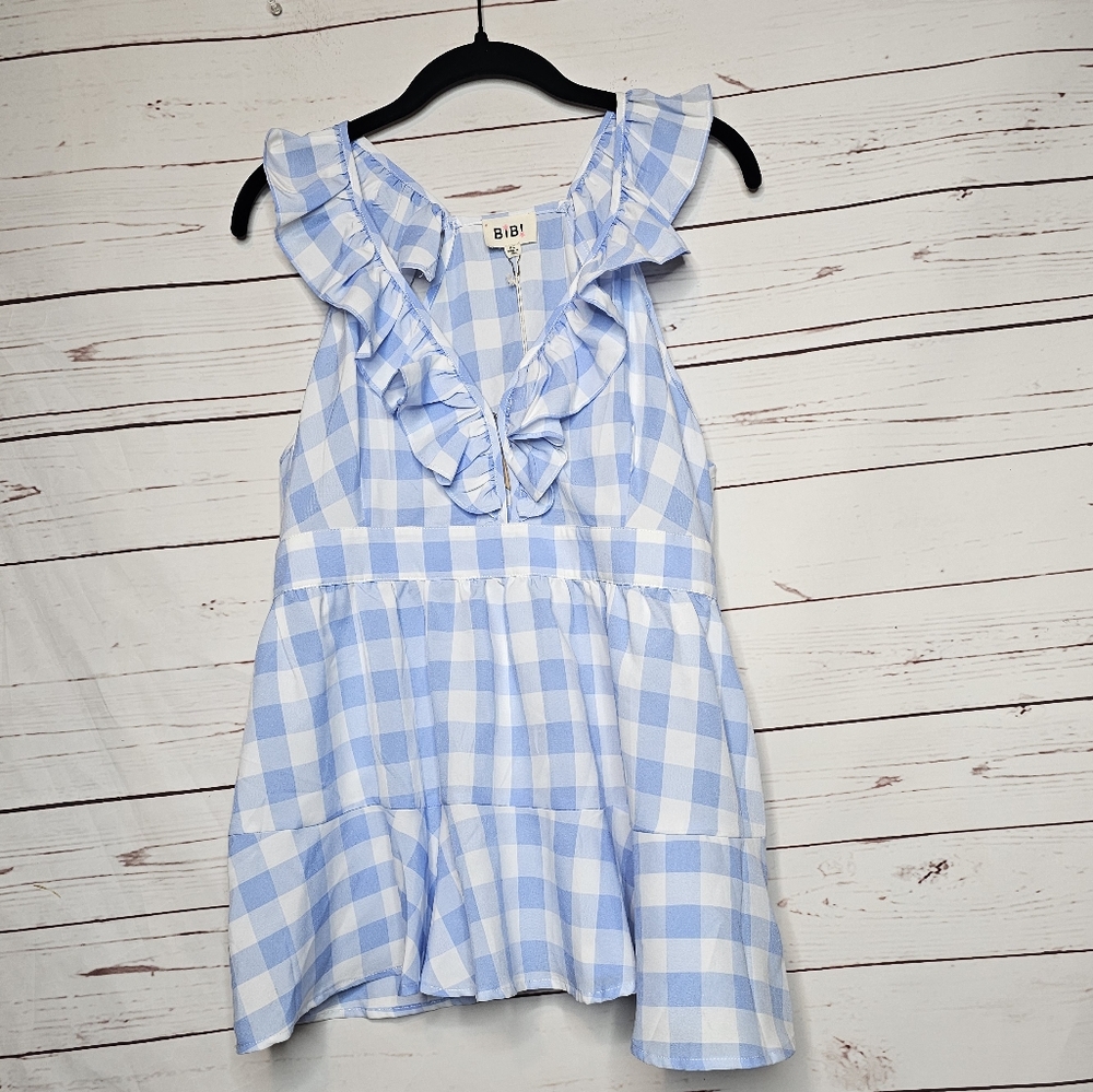 BiBi Blue and White Check Plaid Ruffle Sleeveless Top